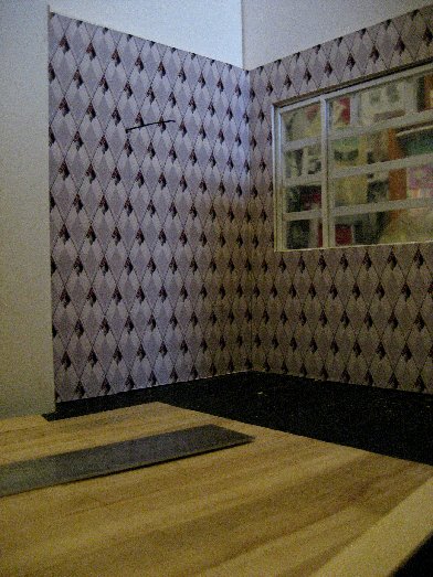 theinfill dolls house blog Hogepotche Hall –Hodgepodge Hall - a Medieval, Tudor, Jacobean dolls house blog - reshaping an Deco house - sitting room wallpaper